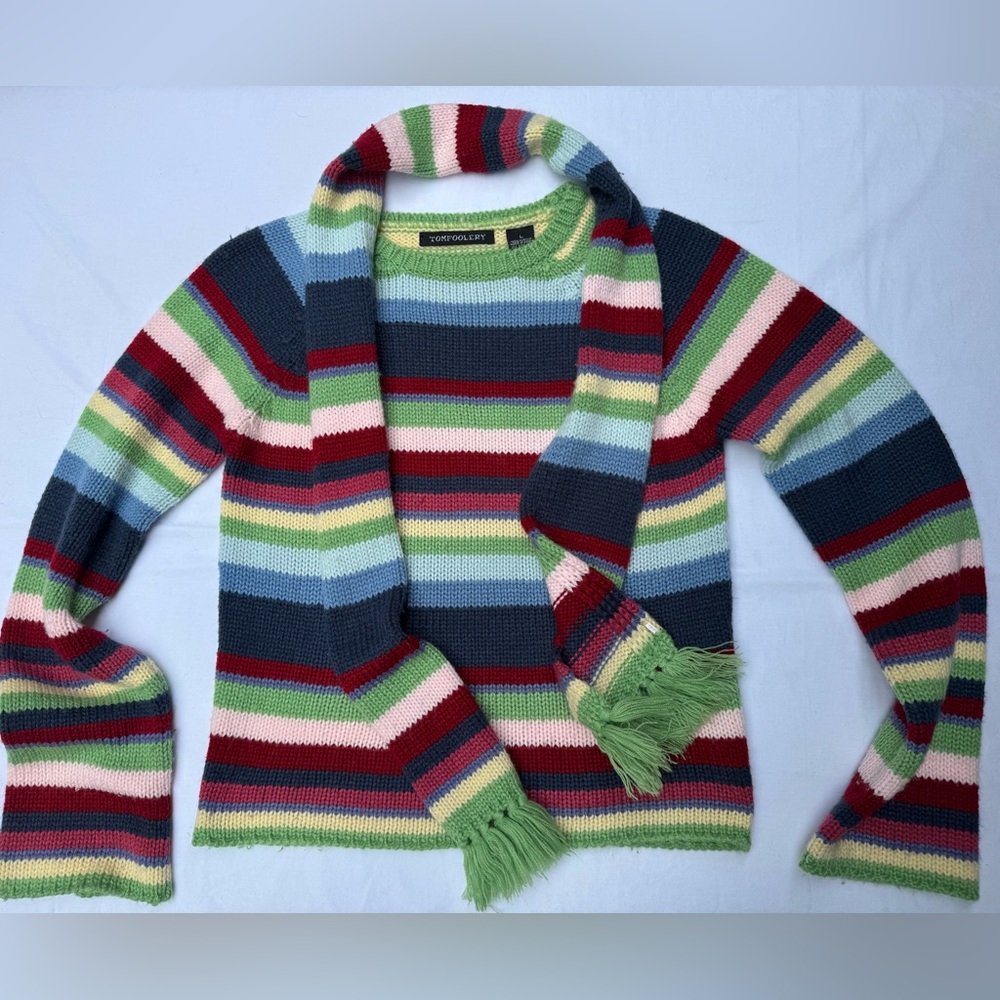 Tomfoolery Women's Colorful Striped Crew Neck Sweater with Matching Scarf